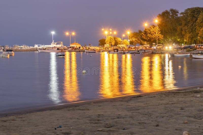 Sunset View of Coastal Street of Village of Stavros, Greece Editorial