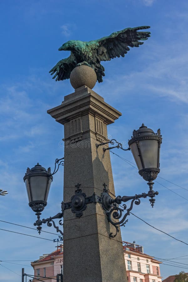 Sunset view of Eagle Bridge over Perlovska river, Sofia, Bulgaria. SOFIA, BULGARIA - NOVEMBER 7, 2017: Sunset view of Eagle Bridge over Perlovska river, Sofia stock photography Sunset view of Eagle Bridge over Perlovska river, Sofia, Bulgaria. SOFIA, BULGARIA - NOVEMBER 7, 2017: Sunset view of Eagle Bridge over Perlovska river, Sofia stock photography