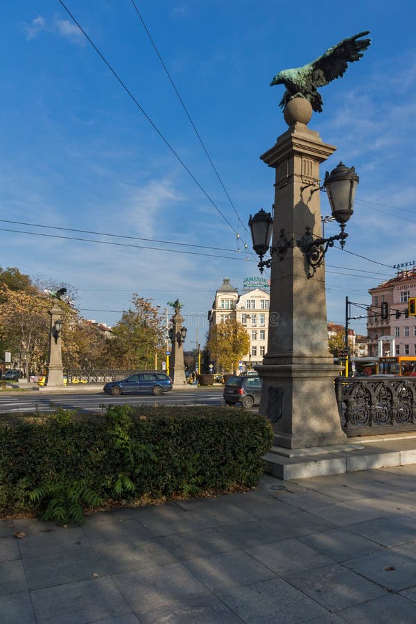 Sunset view of Eagle Bridge over Perlovska river, Sofia, Bulgaria. SOFIA, BULGARIA - NOVEMBER 7, 2017: Sunset view of Eagle Bridge over Perlovska river, Sofia stock image Sunset view of Eagle Bridge over Perlovska river, Sofia, Bulgaria. SOFIA, BULGARIA - NOVEMBER 7, 2017: Sunset view of Eagle Bridge over Perlovska river, Sofia stock image