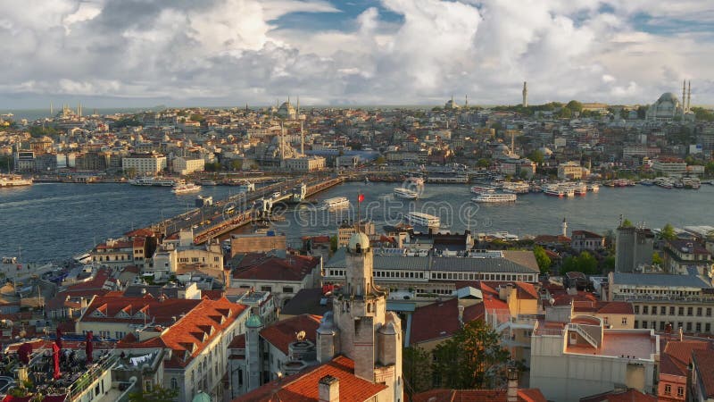 Sunset view of Istanbul from Galata tower. Many