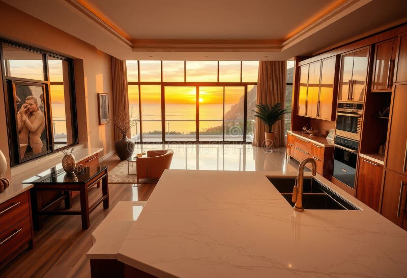 Sunset view luxury kitchen and living area with ocean panorama. Generative AI royalty free illustration