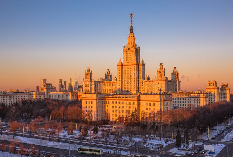 Sunset view of main building of Moscow State University in winter