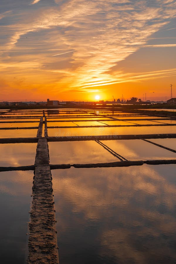 Sunset View Over the Salt Flats of Aveiro, Portugal Stock Image - Image