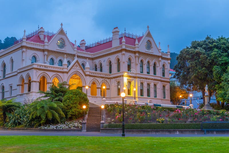 Sunset view of Parliamentary Library in Wellington, New Zealand