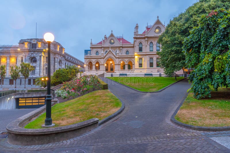 Sunset view of Parliamentary Library in Wellington, New Zealand