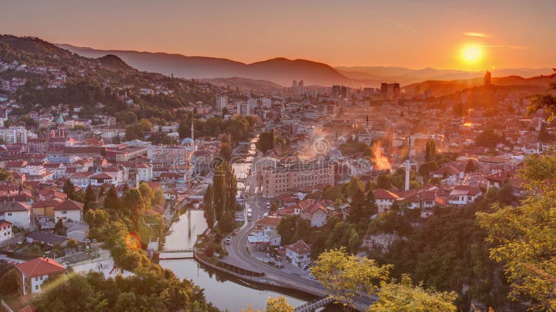 Sunset view of Sarajevo from most popular panoramic spot in Sarajevo timelapse.