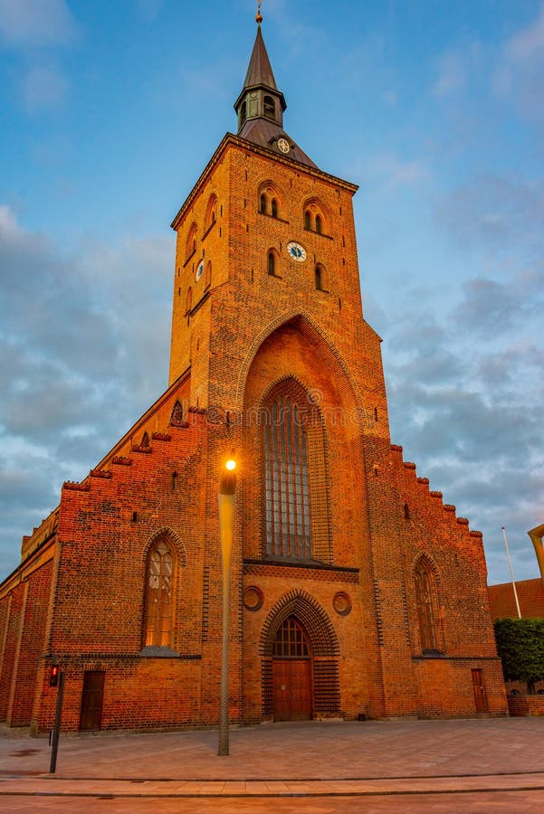 Sunset View of St. Canute S Cathedral in Danish Town Odense Stock Photo