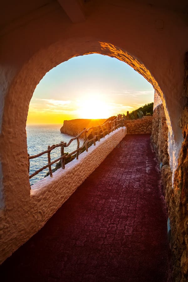 Sunset viewed from Cova d'en Xoroi at Menorca island, Spain. royalty free stock photography Sunset viewed from Cova d'en Xoroi at Menorca island, Spain. royalty free stock photography