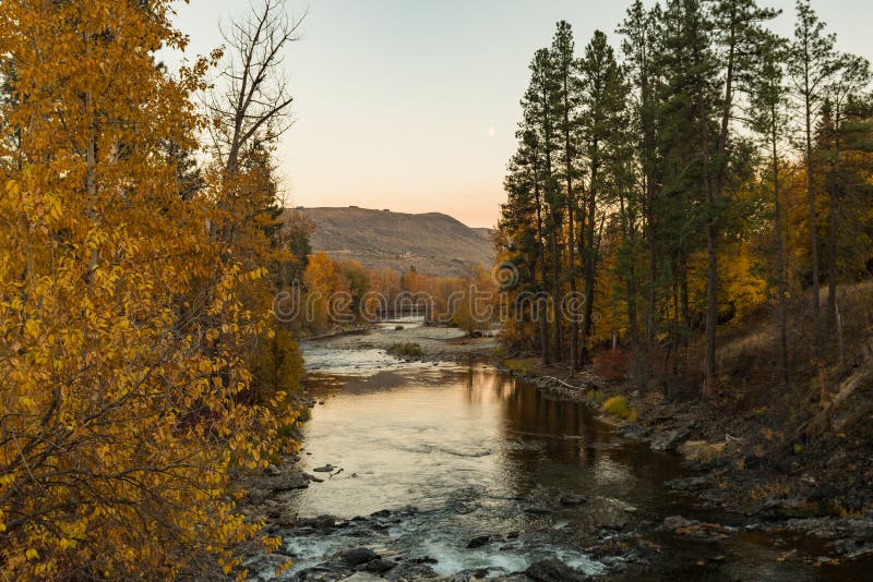 Sunset Views of the Chewuch River As it Flows through Winthrop Stock