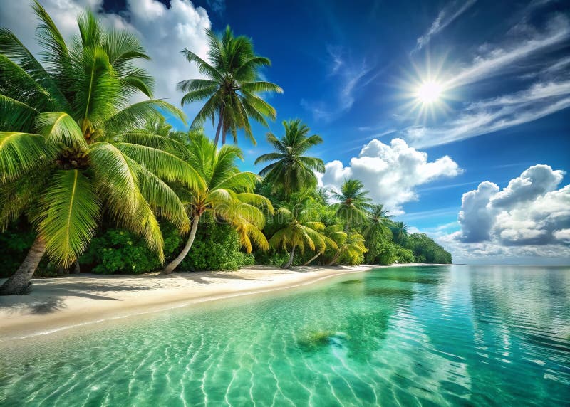 SunSheed热带海滩,绿松色的海水和郁郁葱葱的棕榈树 皇族释放例证