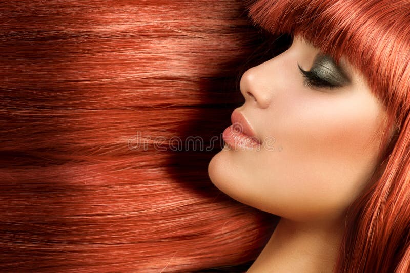 Healthy Long Straight Hair. Red Hair Model Girl Portrait. Healthy Long Straight Hair. Red Hair Model Girl Portrait