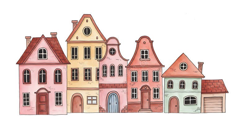 Sunt prezentate cinci case europene colorate, în formă de desene animate, cu diverse modele. E royalty free illustration
