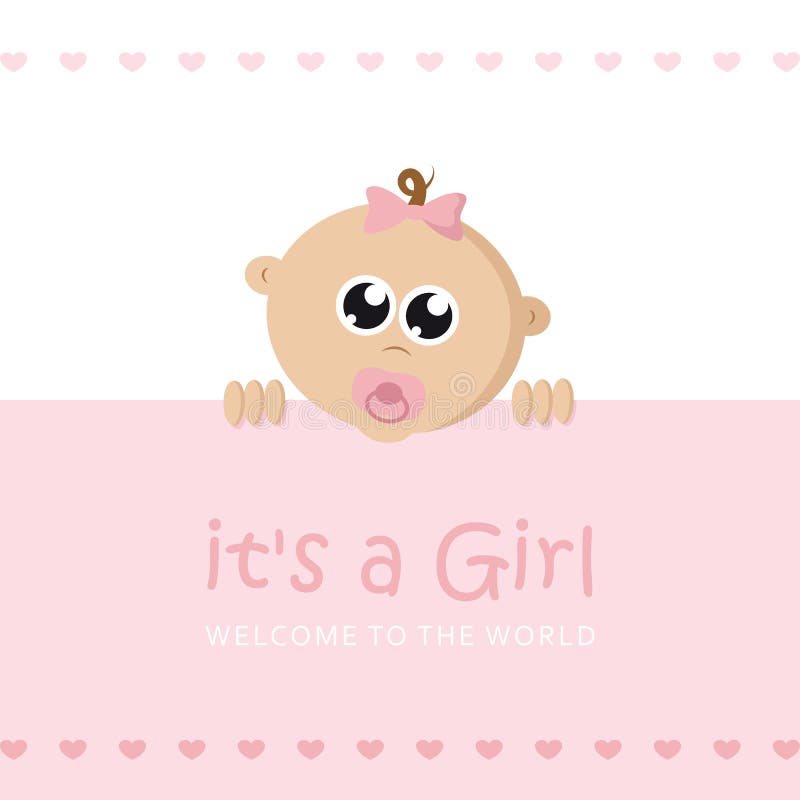 Suo una cartolina d'auguri di benvenuto della ragazza per il parto con il fronte del bambino illustrazione vettoriale Suo una cartolina d'auguri di benvenuto della ragazza per il parto con il fronte del bambino illustrazione vettoriale