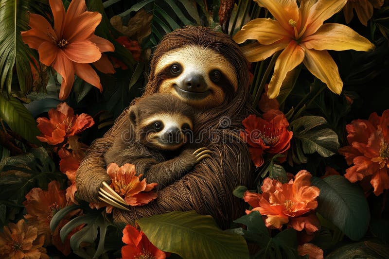 Suolo di madre adorabile e di bambino tra fogliame tropicale vivo e fiori colorati in ambiente di giungla di lussuose illustrazione vettoriale