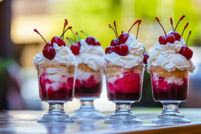 Suonate di gelati di colore chiaro, ricoperte di ciliegie e panna montata, vengono esposte in un ristorante all'aperto invitando fotografie stock libere da diritti