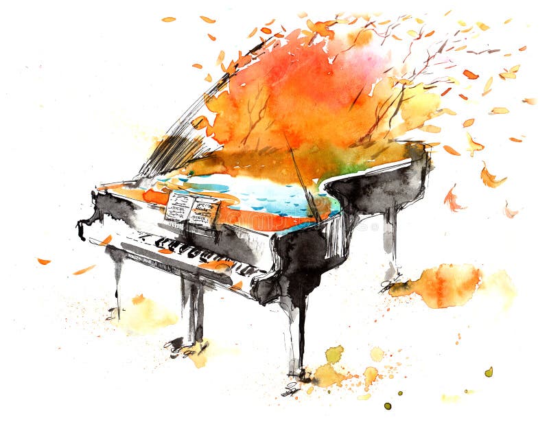 Painting of piano and autumn. Painting of piano and autumn