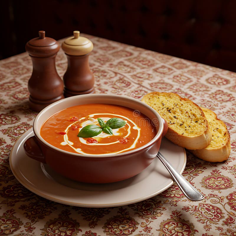 Supă Cremă de Roșii cu Busuioc și Pâine cu Usturoi: Deliciu Culinar Rustic stock images