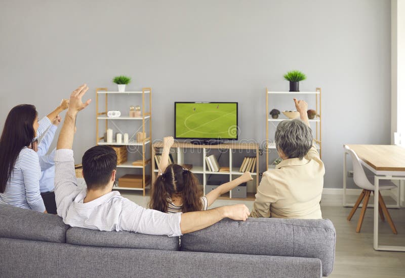 Vista traseira dos homens assistindo a um jogo de futebol na tv e sentado  em um sofá