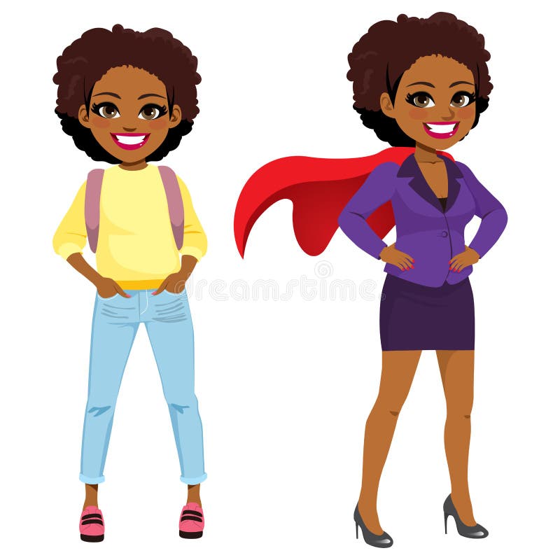 Young student African American girl transforming into super business woman. Young student African American girl transforming into super business woman