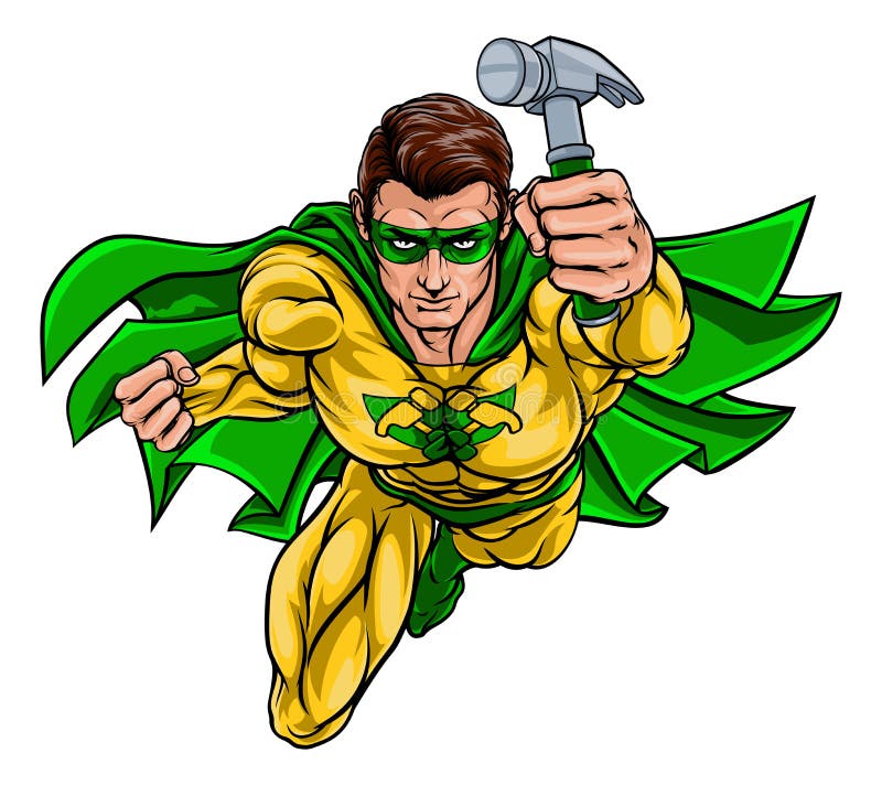 Super Carpenter Handyman Superhero Holding Hammer vector illustration