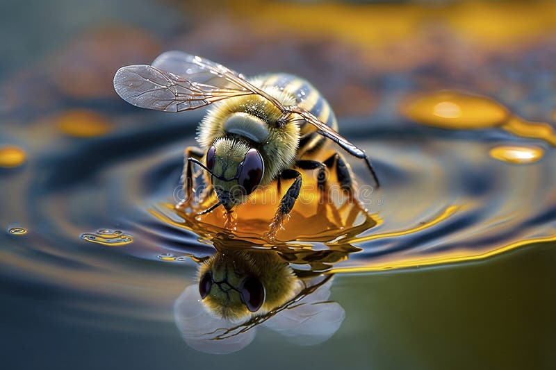 Super Close Up of Honey Bee Drinking a Water AI Stock Illustration