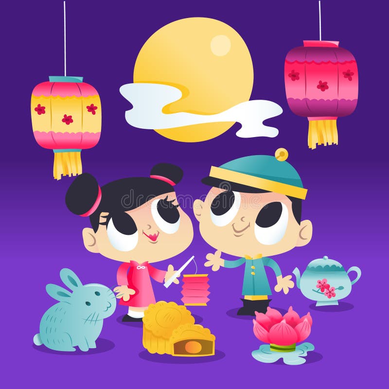 Super Cute Mid Autumn Festival Kids And Lantern Night vector illustration