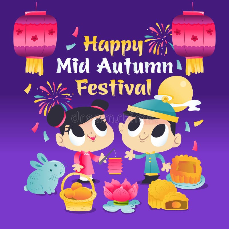 Super Cute Mid Autumn Festival Kids Lantern Night Greeting vector illustration