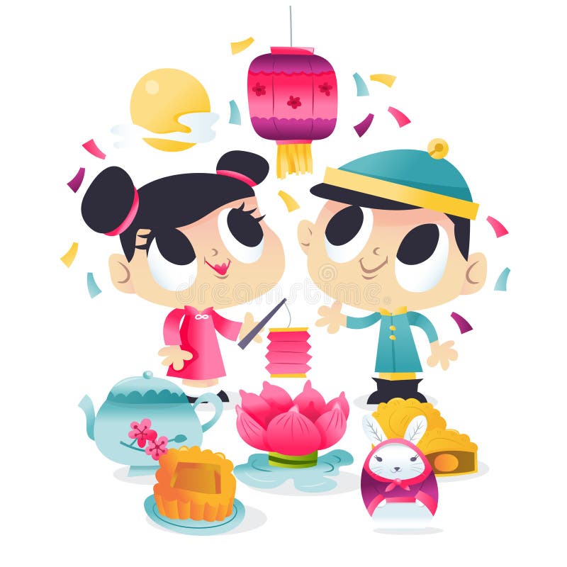 Super Cute Mid Autumn Festival Kids Party vector illustration