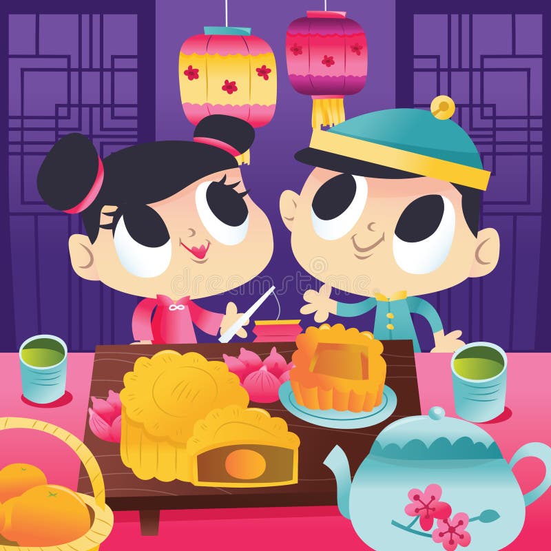 Super Cute Mid Autumn Festival Kids Tea Party royalty free illustration