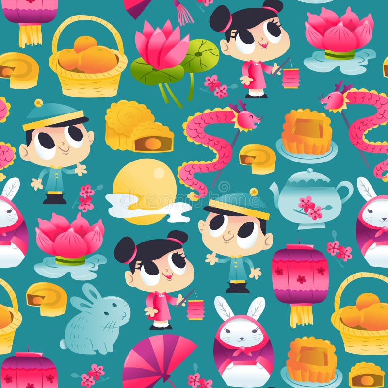 Super Cute Mid Autumn Festival Seamless Pattern Background stock illustration