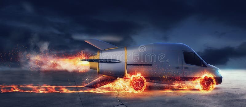 Super fast delivery of package service with van like a rocket with wheels on fire stock illustration Super fast delivery of package service with van like a rocket with wheels on fire stock illustration