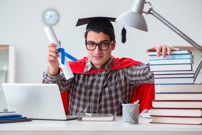 The Super Hero Student with Books Studying for Exams Stock Image ...