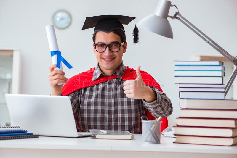 The Super Hero Student with Books Studying for Exams Stock Image ...