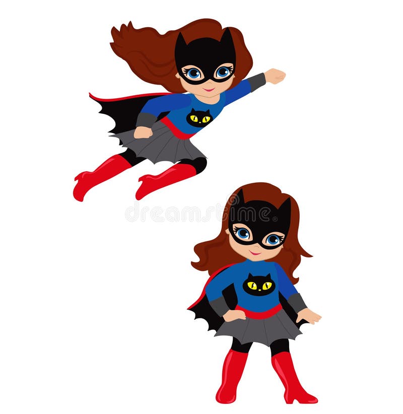 Rapariga fofa de super-heroína em voo e em posição de pé ilustração stock