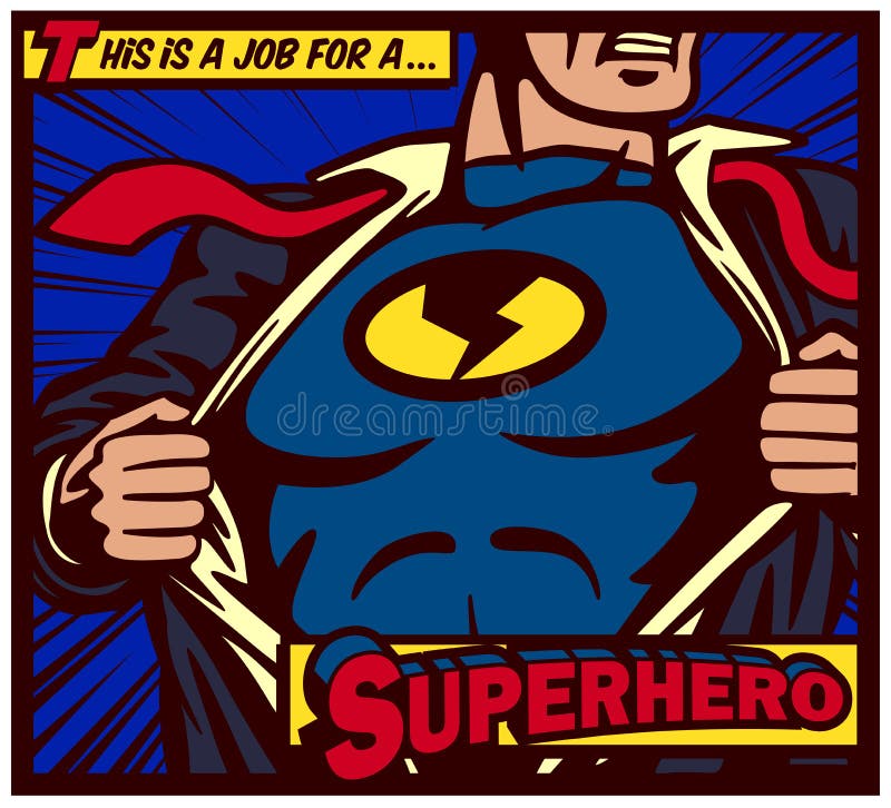 Super-herói do estilo da banda desenhada do pop art que rasga a camisa e que veste o cartaz do vetor do traje