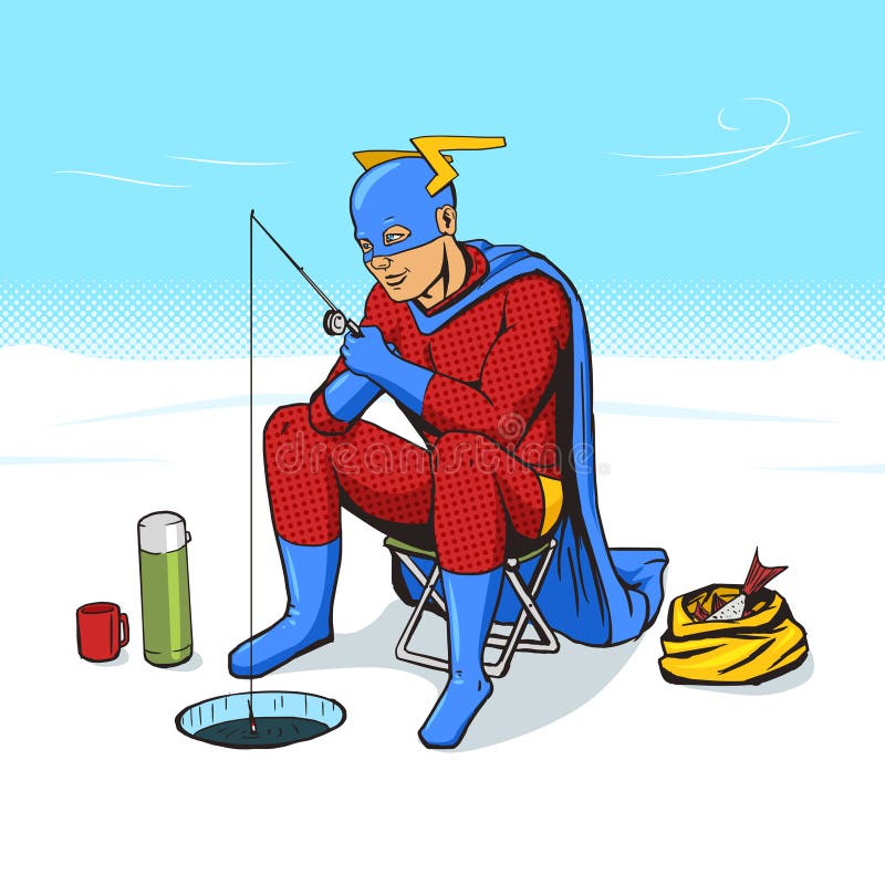 Super-herói no vetor da banda desenhada da pesca do gelo ilustração royalty free Super-herói no vetor da banda desenhada da pesca do gelo ilustração royalty free