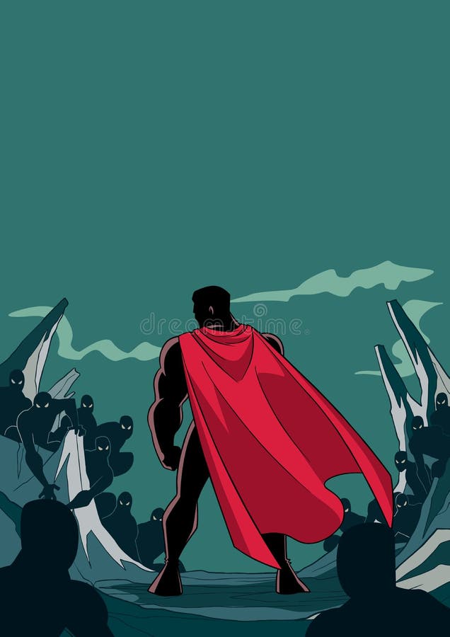 Rear view silhouette illustration of brave cartoon superhero standing alone in confrontation with the forces of evil as concept for courage and positive power. Rear view silhouette illustration of brave cartoon superhero standing alone in confrontation with the forces of evil as concept for courage and positive power.