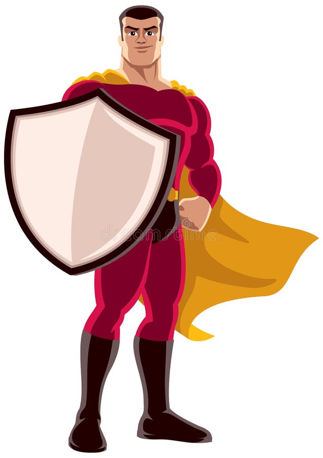 Super héroe que sostiene el escudo en el fondo blanco stock de ilustración Super héroe que sostiene el escudo en el fondo blanco stock de ilustración