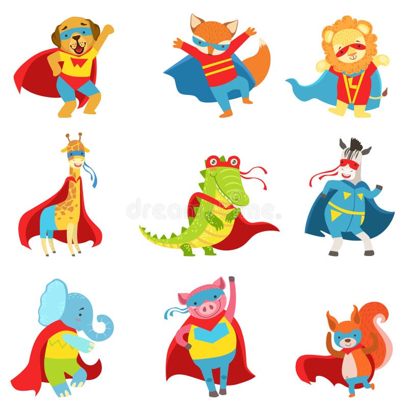 Super héros d'animaux avec des caps et masques réglés illustration de vecteur Super héros d'animaux avec des caps et masques réglés illustration de vecteur