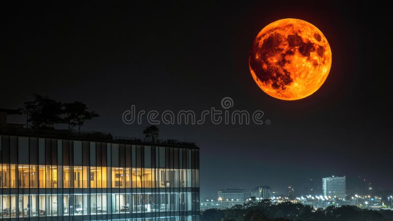 Super luna de sânge răsărind peste clădirea de birouri moderne iluminate pe timp de noapte stock illustration