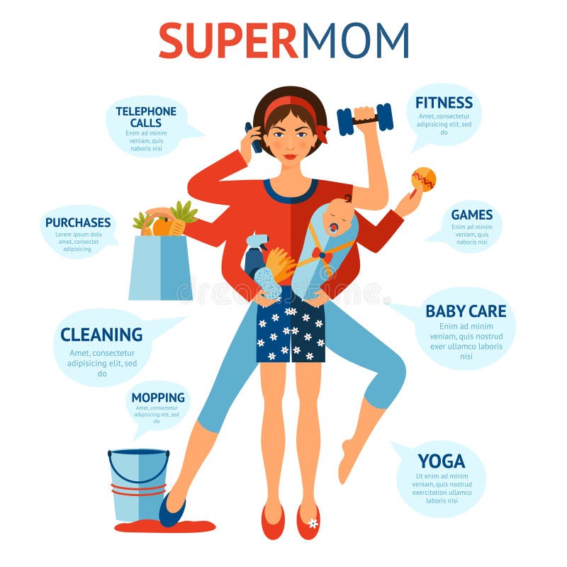 https://thumbs.dreamstime.com/b/super-mom-concept-multitasking-woman-holding-baby-housework-objects-hands-vector-illustration-56575295.jpg