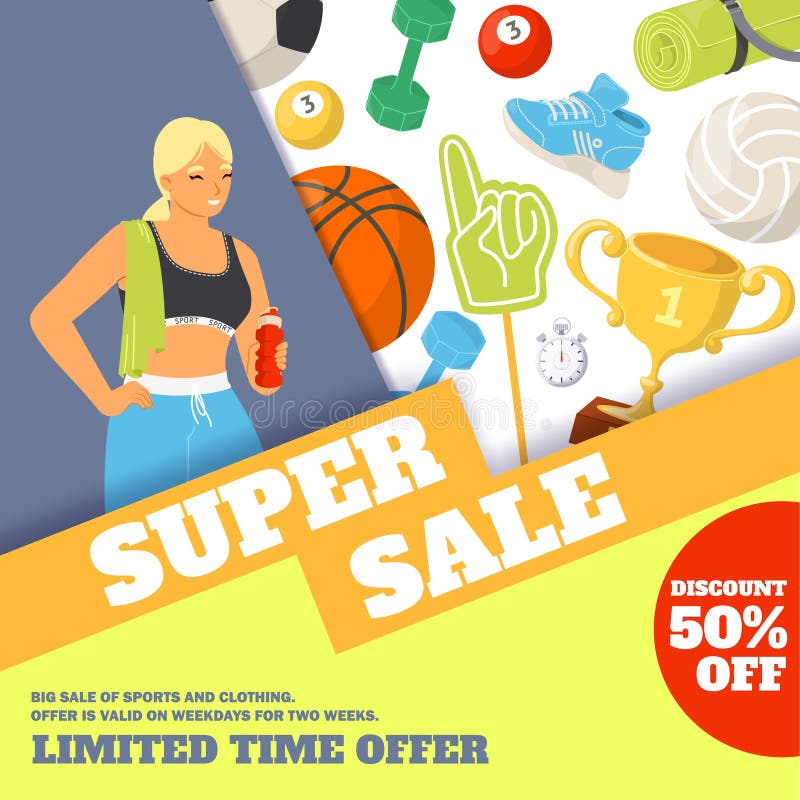 Super sale banner with 50 percent discount on sport goods