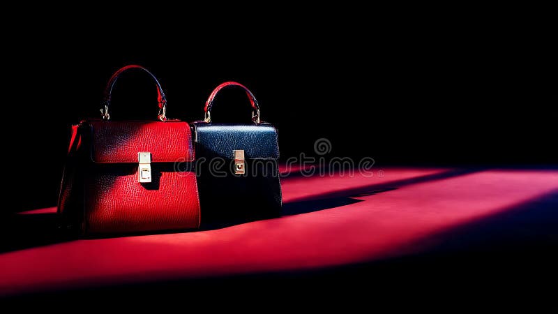 Two luxury red and black leather handbags in dramatic spotlight stock illustration