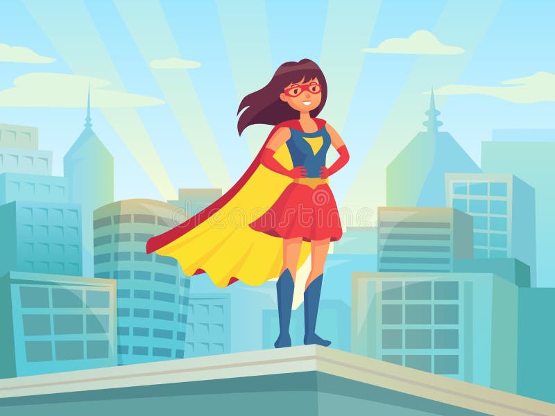 Super woman watching city. Wonder hero girl in suit with cloak at town roof. Comic female superhero on cityscape vector