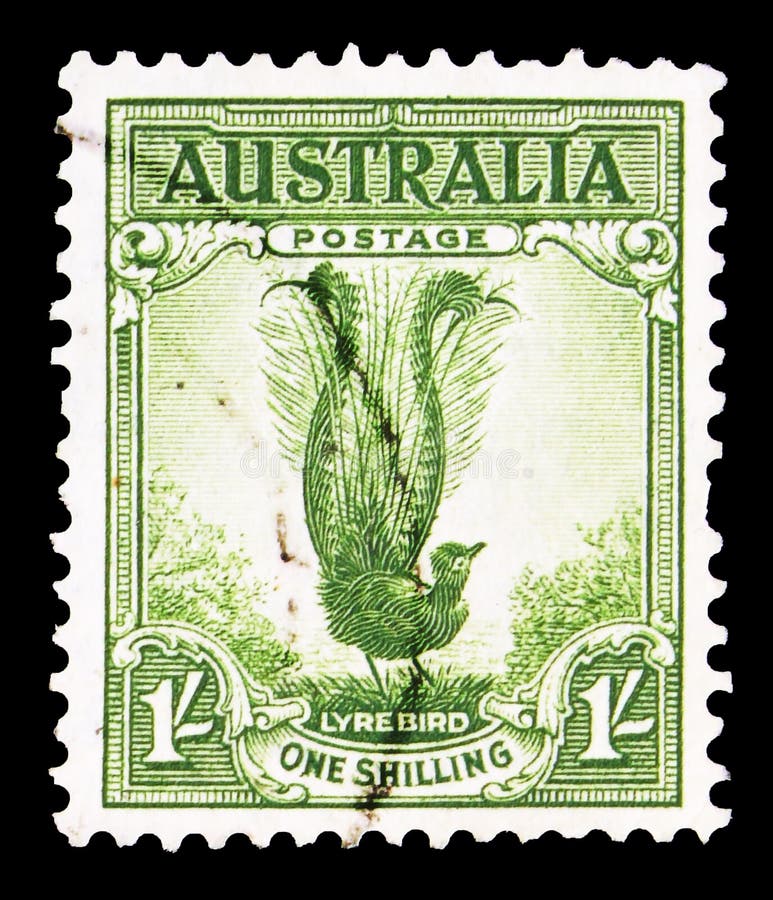 MOSCOW, RUSSIA - SEPTEMBER 23, 2019: Postage stamp printed in Australia shows Superb Lyrebird (Menura novaehollandiae), Lyre serie, circa 1932