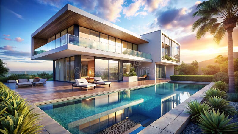 Superbe Villa méditerranéenne plongée avec piscine à débordement Un Render Architectural 3D illustration de vecteur