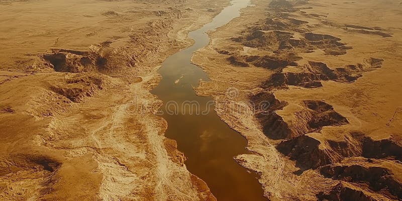 Superbe vue aérienne d'une rivière sinueuse à travers un paysage sec et accidenté dans une zone éloignée images stock