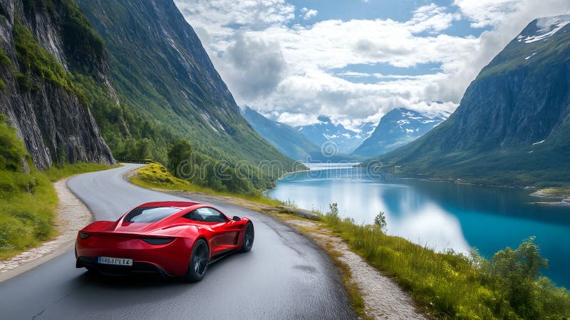 Superbes croisières en voiture de sport rouge à travers majestueux paysage de montagne près du lac tranquille sous ciel bleu illustration stock