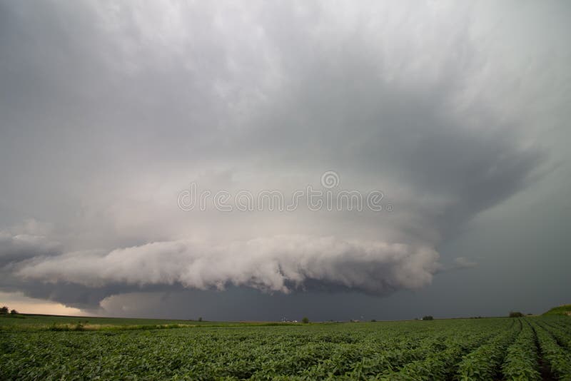 Supercell burza wyłania się nad bobowymi polami w Iowa obrazy stock Supercell burza wyłania się nad bobowymi polami w Iowa obrazy stock
