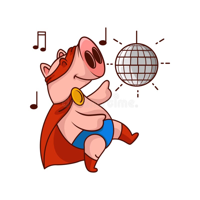 Supereroe divertente del maiale nell'azione ballante Partito con la palla della discoteca Animale umanizzato Icona di vettore del royalty illustrazione gratis Supereroe divertente del maiale nell'azione ballante Partito con la palla della discoteca Animale umanizzato Icona di vettore del royalty illustrazione gratis